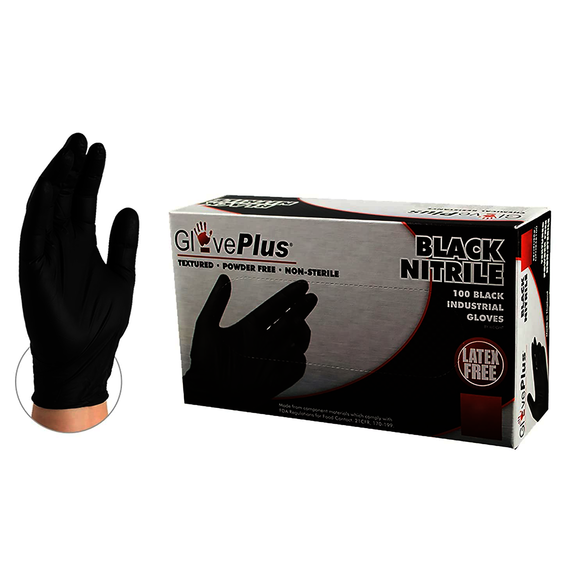 GlovePlus Industrial Black Nitrile Gloves, Case of 1000, 5 mil, Size