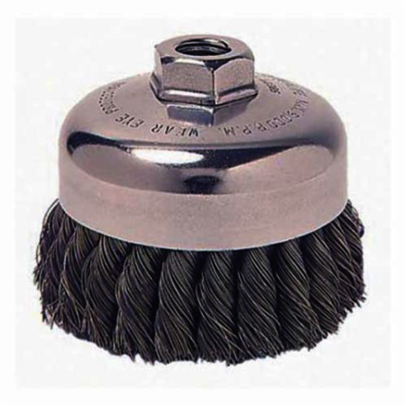 Mighty-Mite 13150 Single Row Cup Brush, 3-1/2 in Dia Brush, M10x1.25 Arbor Hole, 0.023 in Dia Filament/Wire, Standard/Twist Knot, Steel Fill