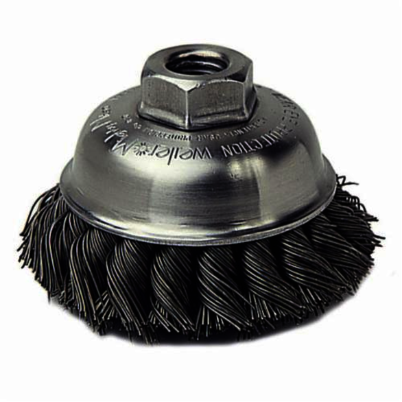 Mighty-Mite 13151 Single Row Cup Brush, 3-1/2 in Dia Brush, M10x1.5 Arbor Hole, 0.023 in Dia Filament/Wire, Standard/Twist Knot, Steel Fill