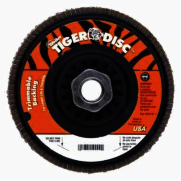 Trimmable Tiger 50006V Vending Ready Coated Abrasive Flap Disc, 4-1/2 in Dia, 40 Grit, Coarse Grade, Zirconia Alumina Abrasive, Type 29/Angled Disc