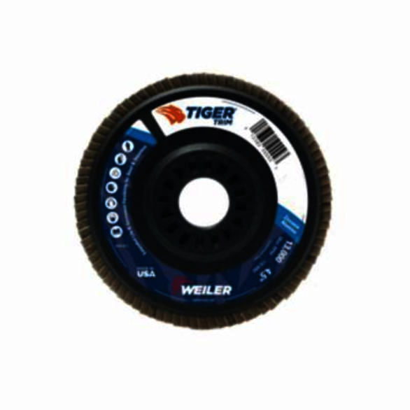 Trimmable Tiger 50002 Close Standard Density Coated Abrasive Flap Disc, 4-1/2 in Dia, 7/8 in Center Hole, 40 Grit, Coarse Grade, Zirconia Alumina Abrasive, Type 29/Angled Disc
