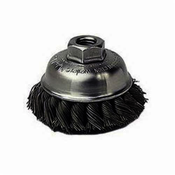 Mighty-Mite 13160 Single Row Cup Brush, 3-1/2 in Dia Brush, 3/8-24 UNF Arbor Hole, 0.023 in Dia Filament/Wire, Standard/Twist Knot, Stainless Steel Fill
