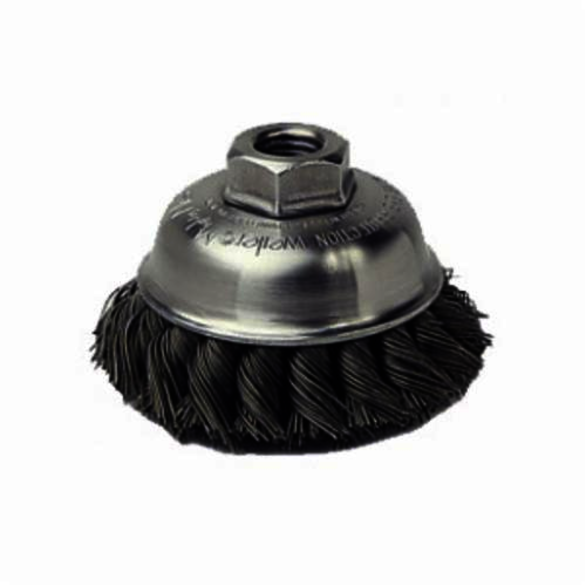 Mighty-Mite 13156P Single Row Cup Brush, 3-1/2 in Dia Brush, 5/8-11 UNC Arbor Hole, 0.023 in Dia Filament/Wire, Standard/Twist Knot, Steel Fill