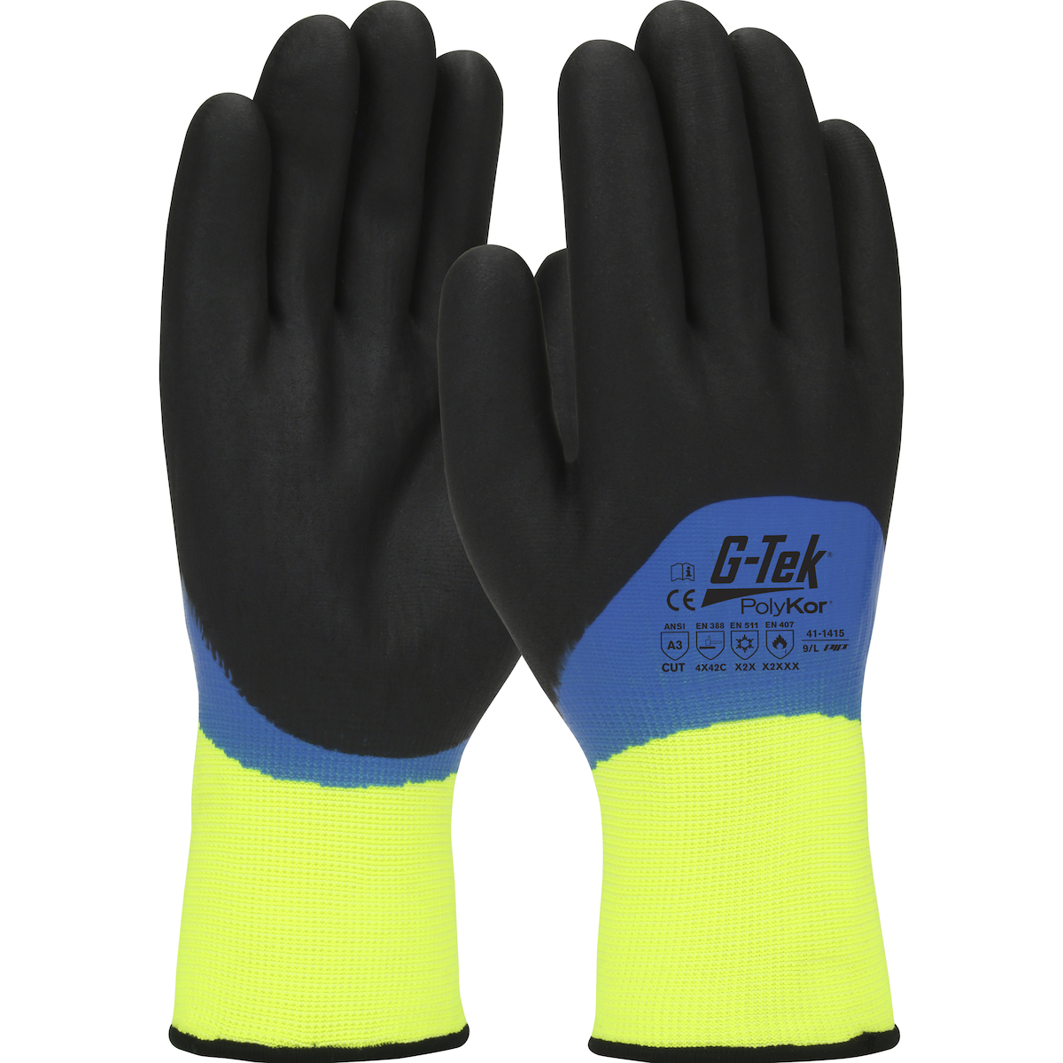 G-Tek® GP™ 41-1415/XL Double Dipped General Purpose Gloves, Coated/Cold Protection, XL, Nitrile Foam Palm, Acrylic/Polyester, Black/Blue/Hi-Viz Yellow, Knit Wrist Cuff, Nitrile Foam Coating, Resists: Abrasion, Cut, Puncture and Tear, Acrylic Lining